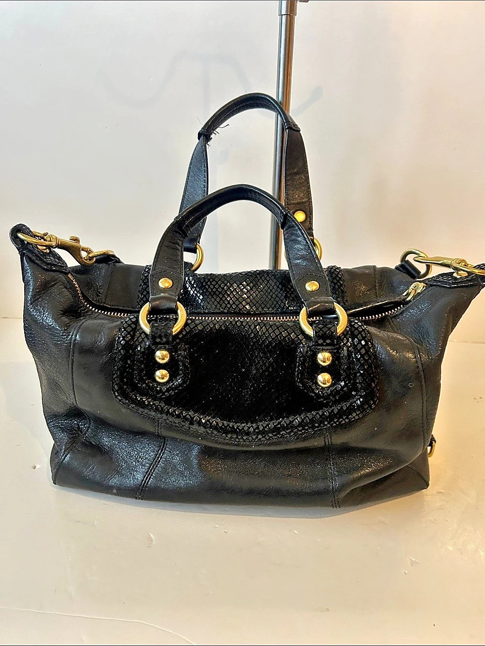 Coach Ashley Black Leather & Snake-Embossed Satchel/ Shoulder Bag Beautiful - Picture 9 of 16
